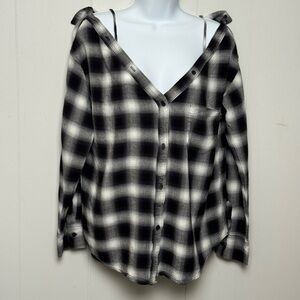 Bailey/44 Womens Off The Shoulder Plaid Flannel Rayon/Linen Button Up Top Size M
